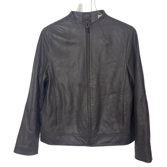 Lord & Taylor Womens Brown Leather Biker Jacket Medium Zip Front Classic Neutral - Picture 12 of 12
